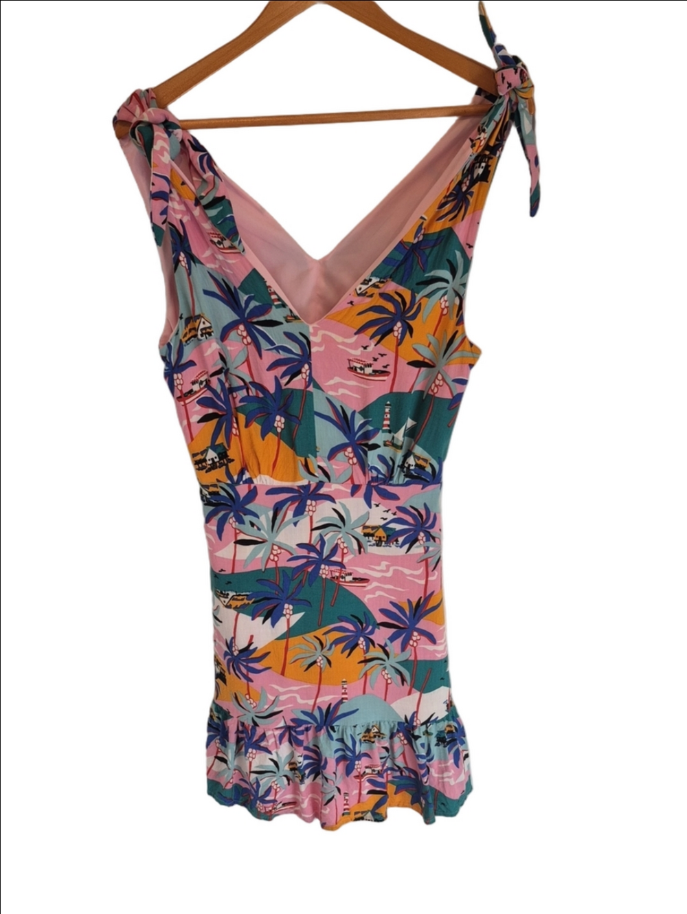 Sam Edelman Pink Teal Tropical Ruffle Bottom Dress